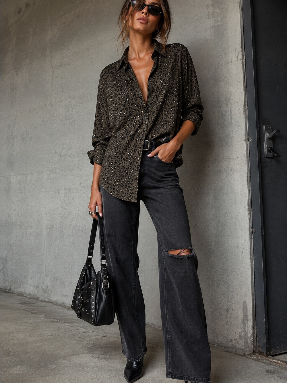 Chelsea & Theodore Olive Leopard Print Button-Up Blouse